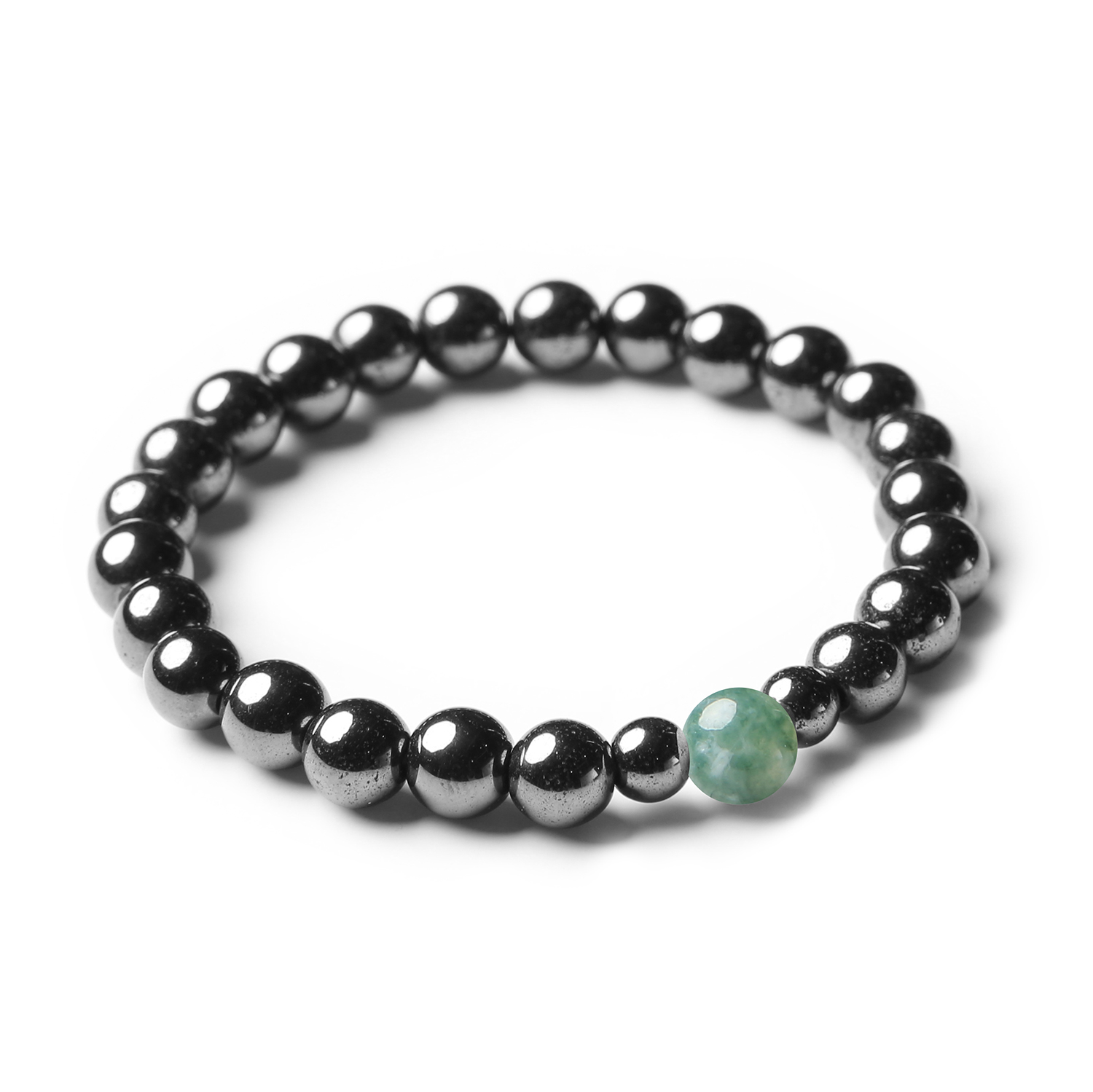 Stylowa bransoletka z kamieni naturalnych, agat mszysty i hematyt grafitowy, dostępna w kolekcji Binthe dla kobiet i mężczyzn.