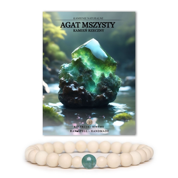 Bransoletka Binthe w kolorach naturalnych z agatem mszystym i kamieniem rzecznym, idealna zarówno dla kobiet, jak i mężczyzn.