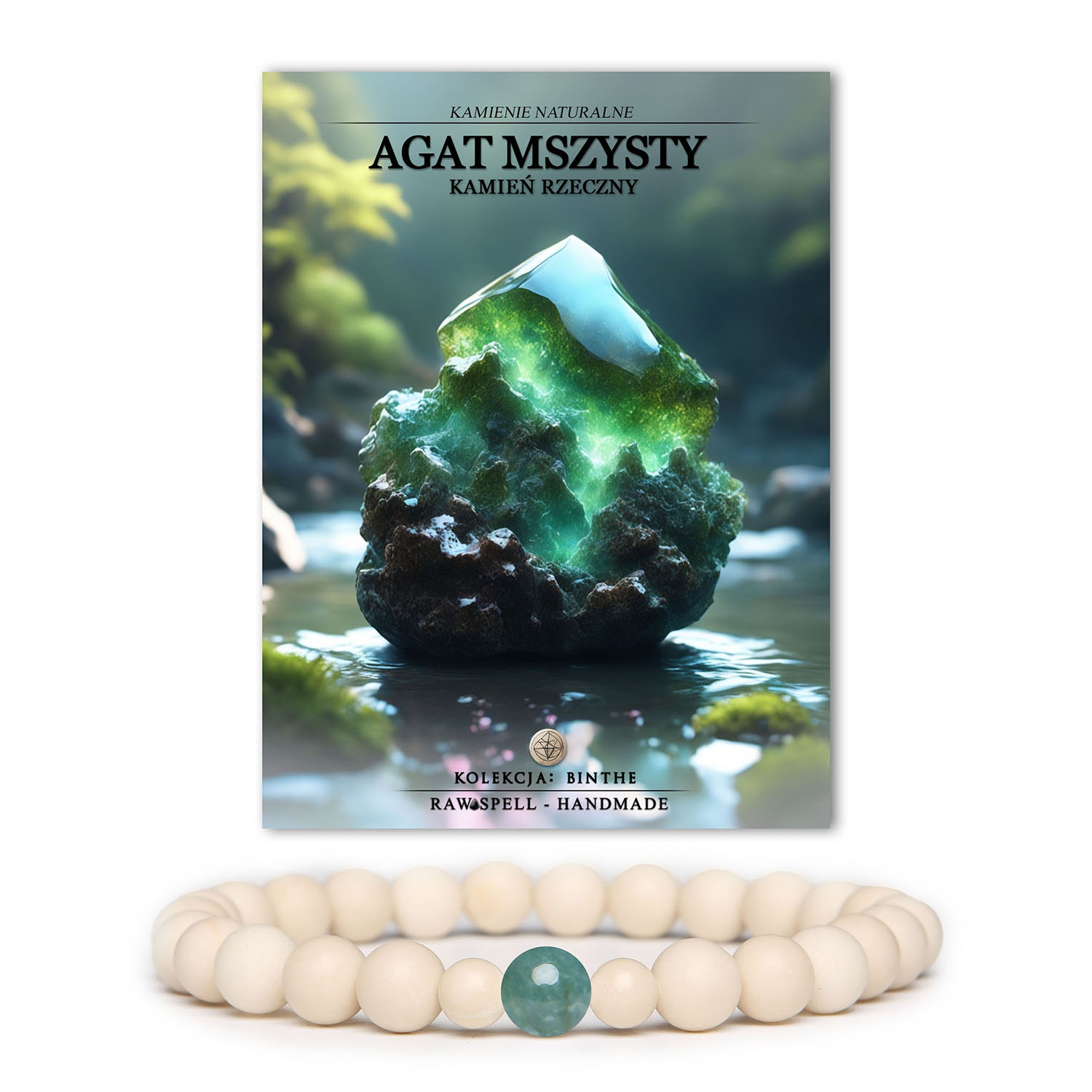 Bransoletka Binthe w kolorach naturalnych z agatem mszystym i kamieniem rzecznym, idealna zarówno dla kobiet, jak i mężczyzn.