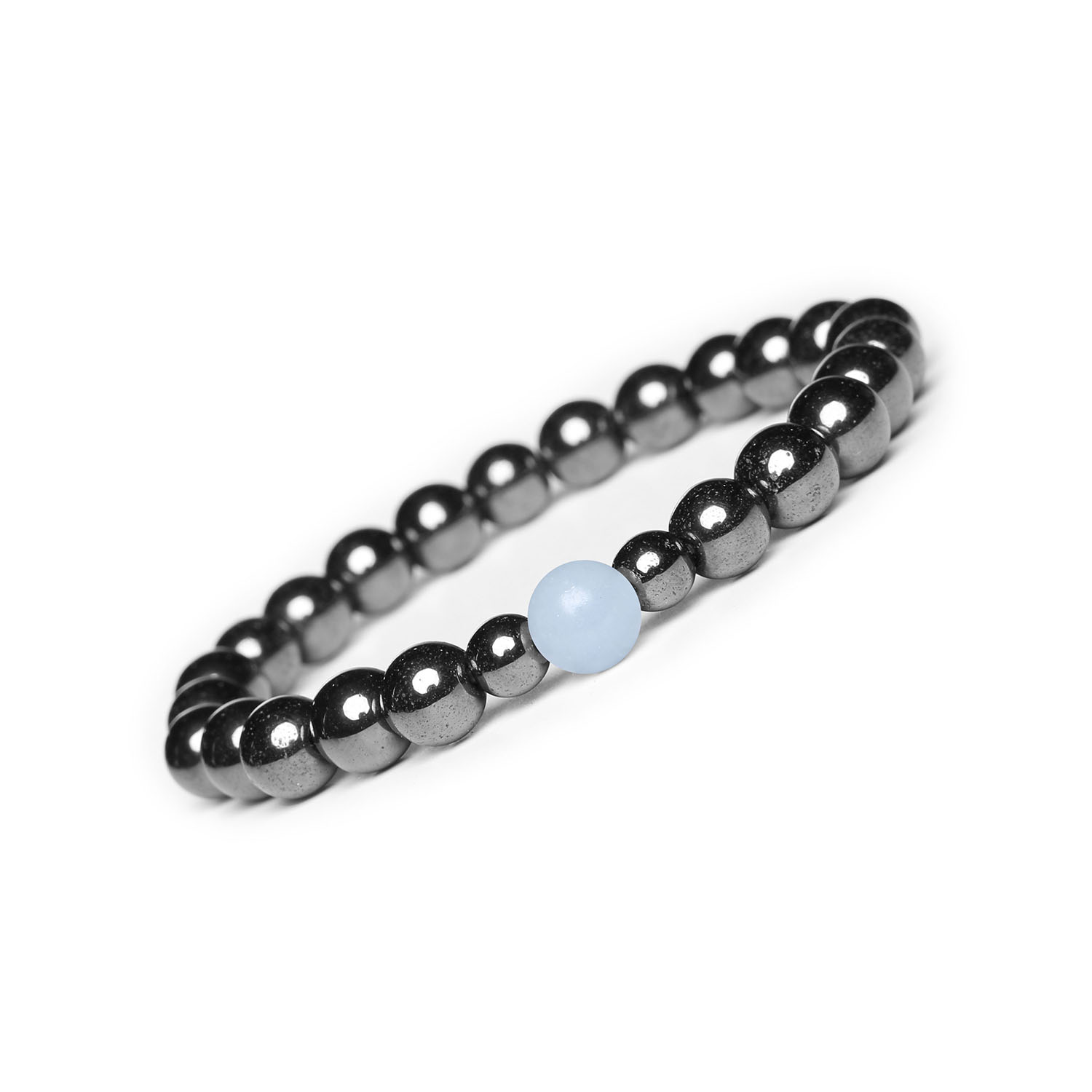 Bransoletka Binthe Angelit Peru i Hematyt Grafitowy - Naturalne Kamienie Damskie i Męskie Bransoletka z kolekcji Binthe, wykonana z naturalnych kamieni: angelitu z Peru i hematytu grafitowego, idealna dla kobiet i mężczyzn.