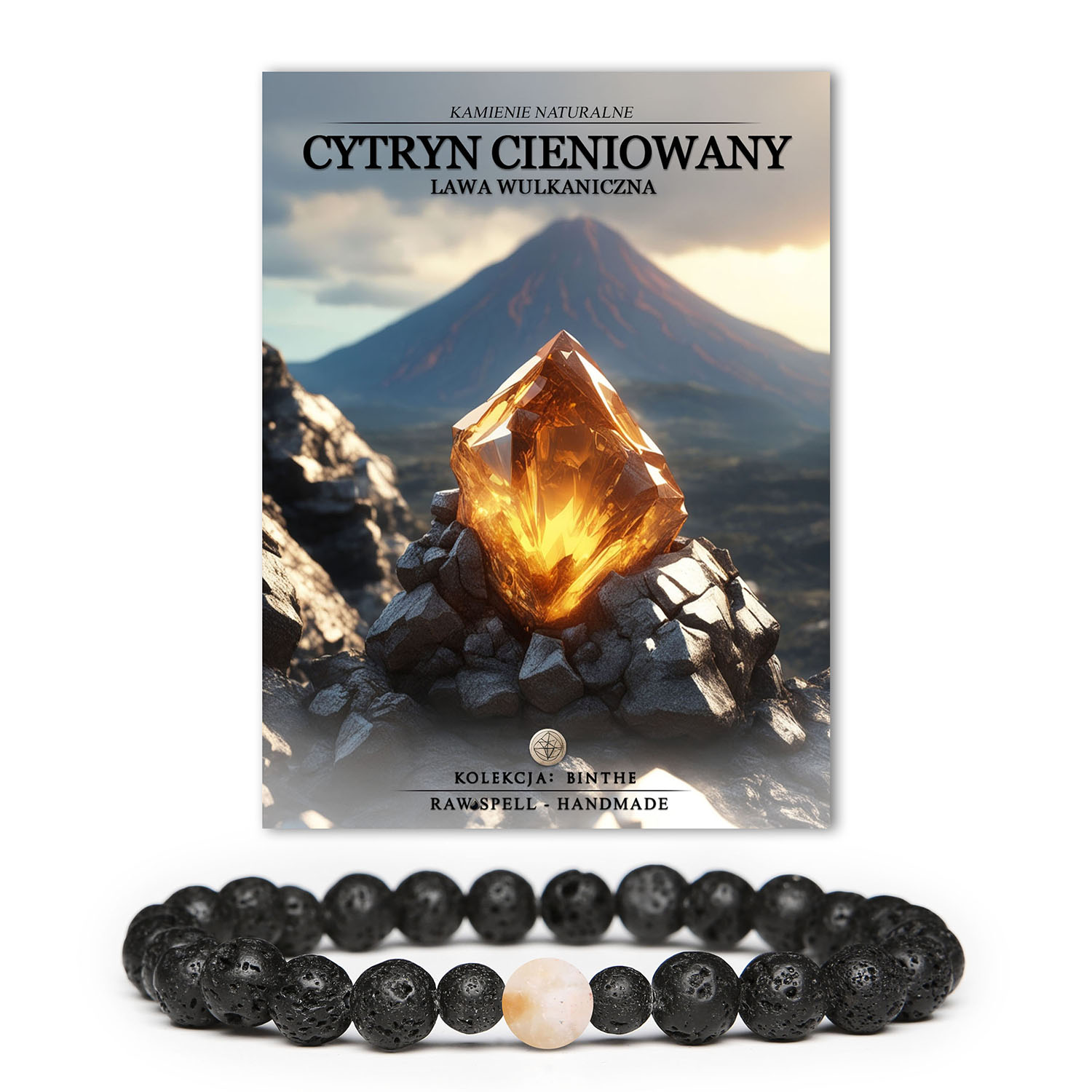 Bransoletka z kolekcji Binthe, wykonana z cieniowanego cytrynu i lawy wulkanicznej, idealna dla kobiet i mężczyzn.