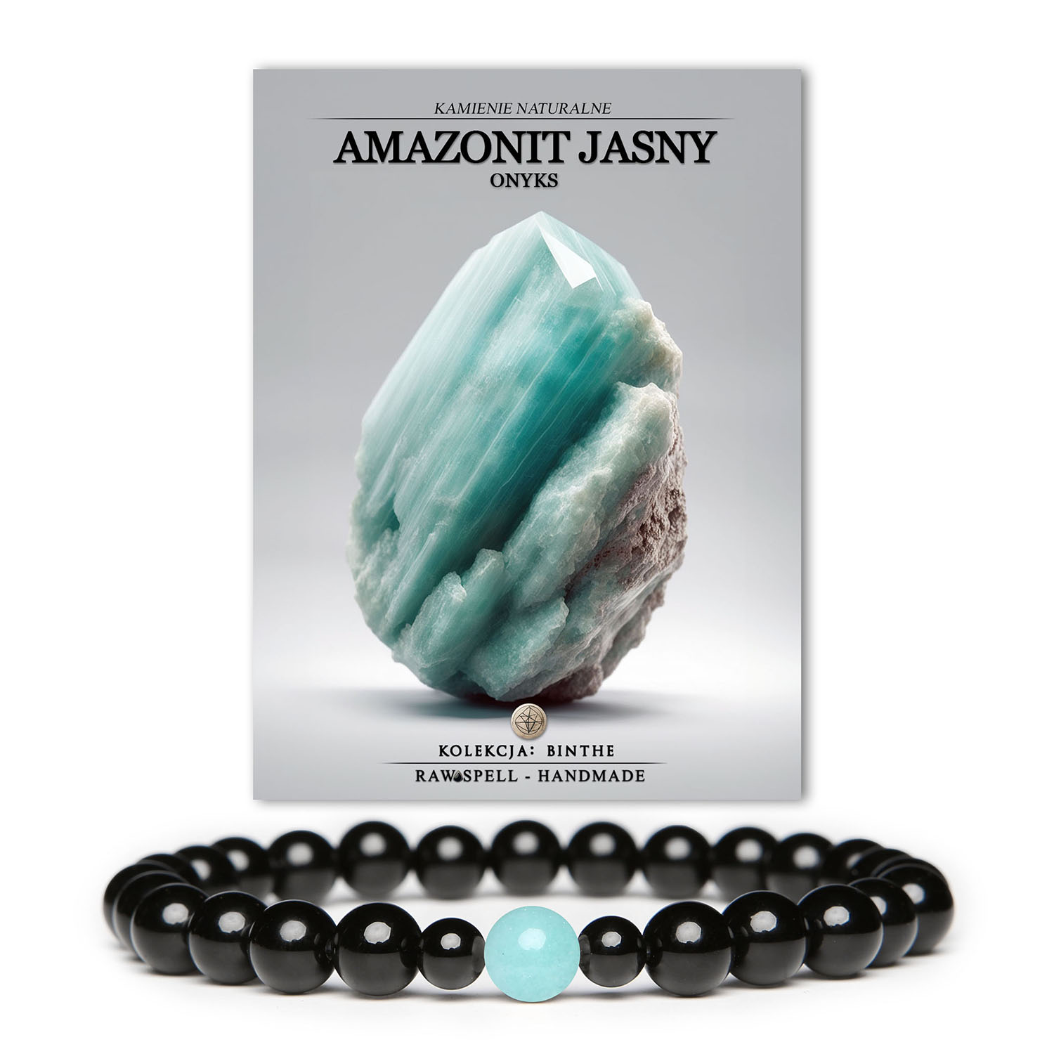 Bransoletka damska i męska z kolekcji Binthe, ozdobiona jasnym amazonitem i onyksami, idealna na każdą okazję.