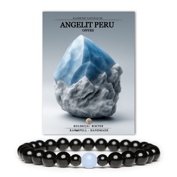 Uniwersalna bransoletka Binthe wykonana z angelitu (Peru) i onyksu, idealna dla każdego – kobiety i mężczyzny.