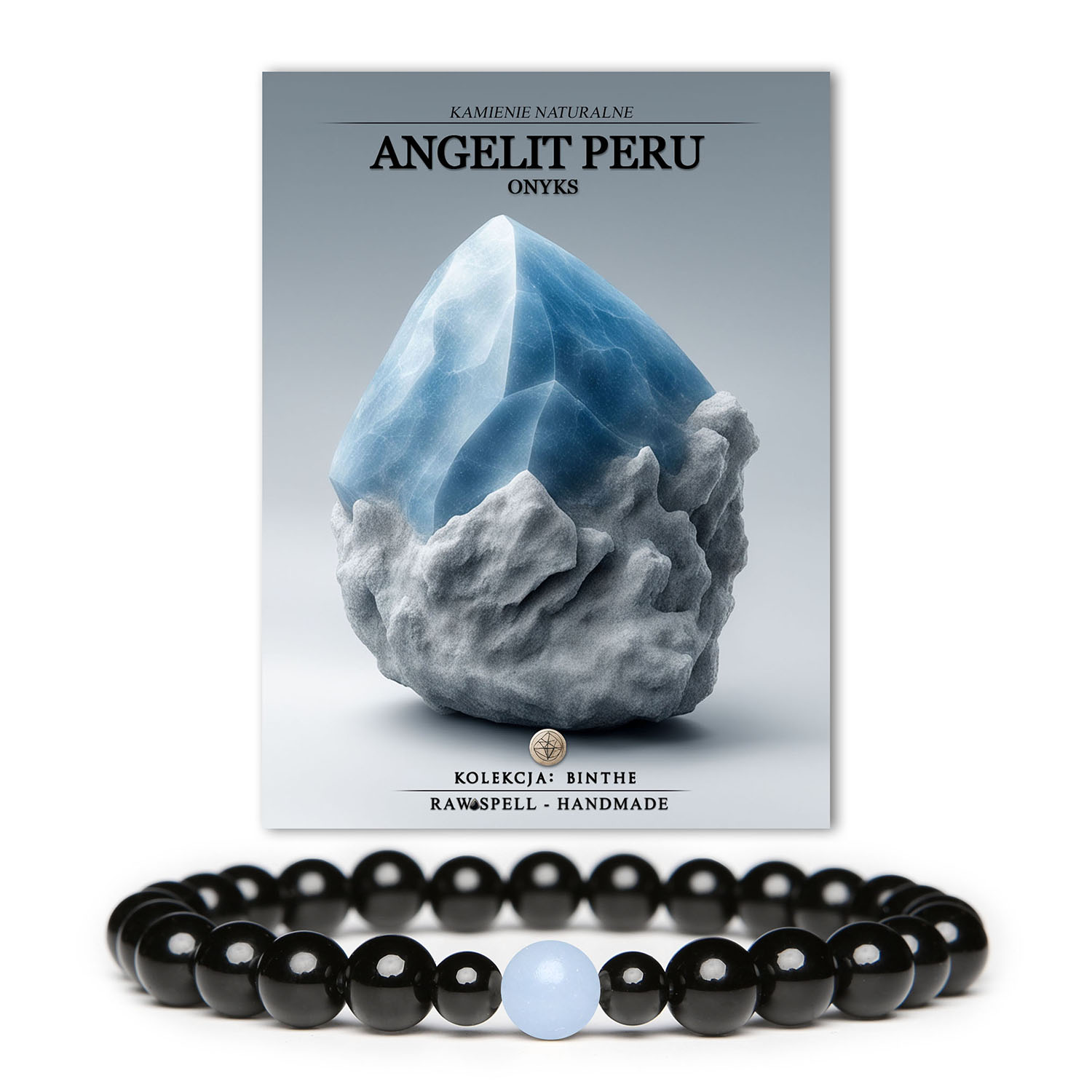 Uniwersalna bransoletka Binthe wykonana z angelitu (Peru) i onyksu, idealna dla każdego – kobiety i mężczyzny.