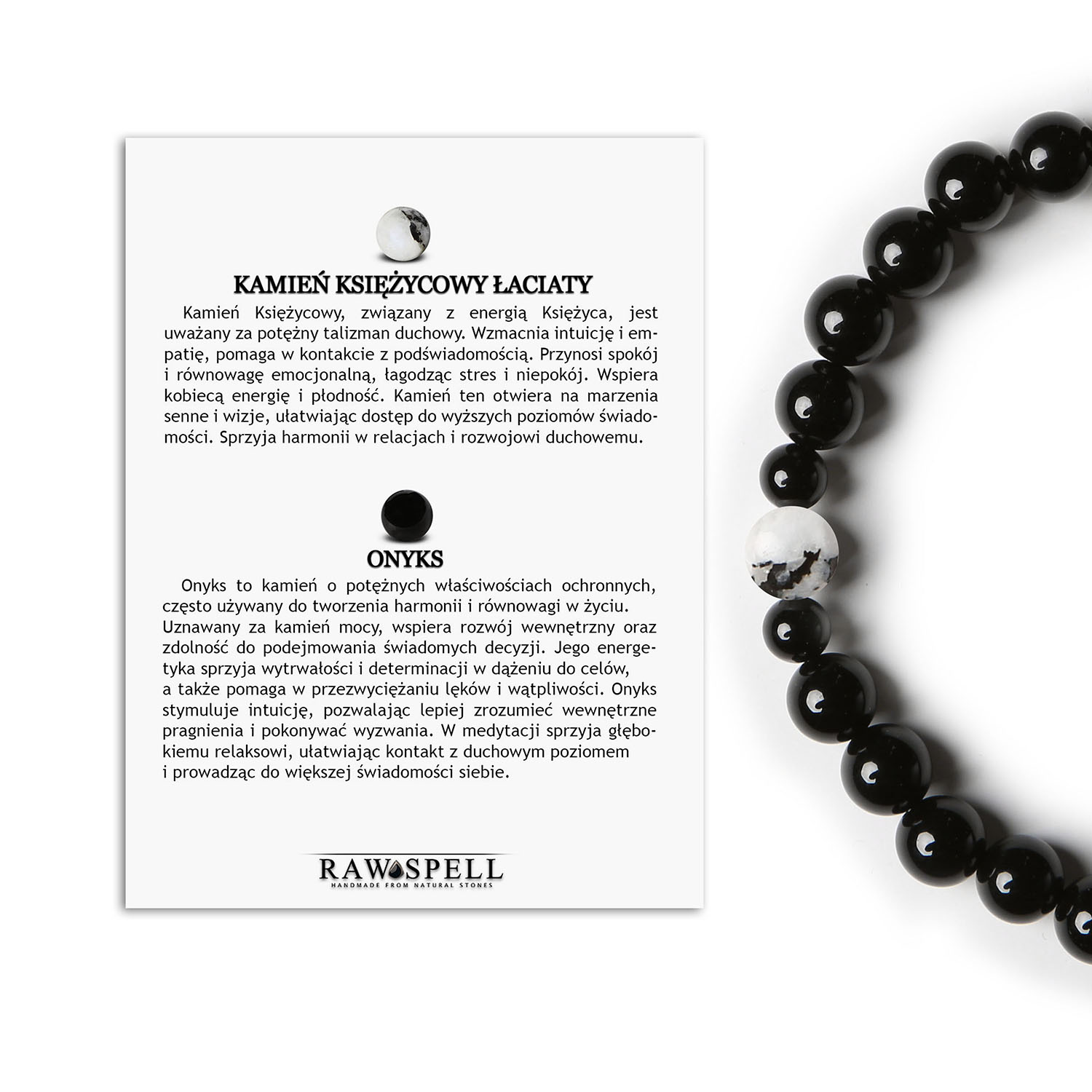 Bransoletka Binthe Damski i Męski design z Kamieniem Księżycowym Łaciatym oraz Onyksami Stylowa bransoletka Binthe dla kobiet i mężczyzn z kamieniem księżycowym łaciatym oraz onyksami.