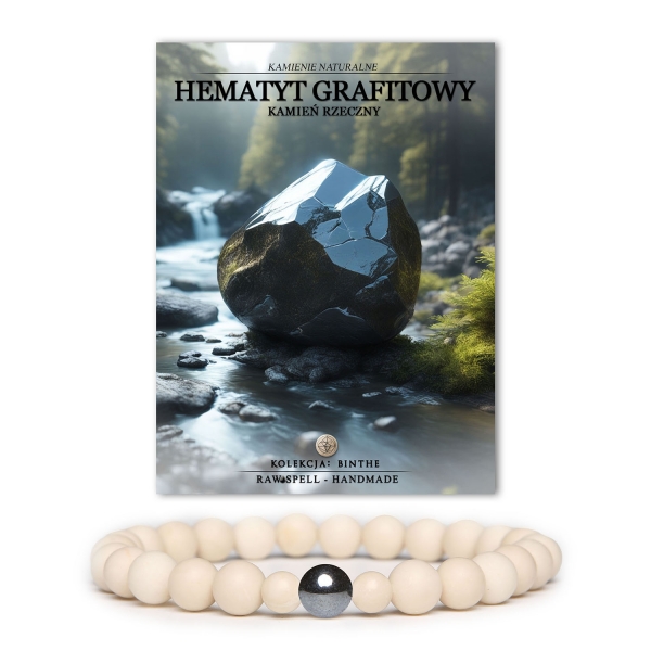 Bransoletka z naturalnych kamieni w kolorze hematytu grafitowego i kamienia rzecznego, kolekcja Binthe, dla niej i dla niego.