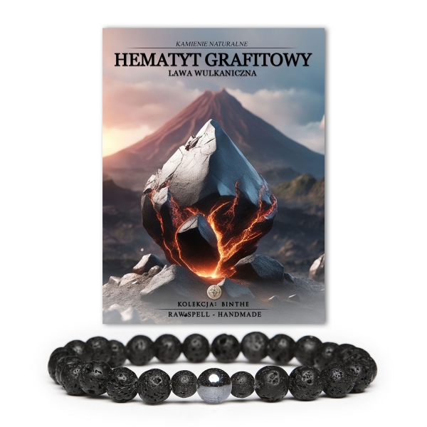 Bransoletka unisex Binthe wykonana z hematytu w kolorze grafitowym oraz lawy wulkanicznej, doskonały dodatek na każdą okazję.