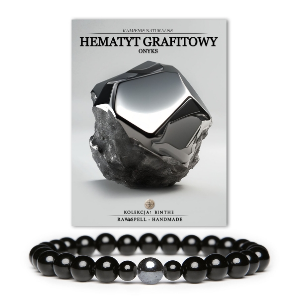 Bransoletka Binthe z hematytu grafitowego i onyksu, doskonały akcent dla dam i panów.