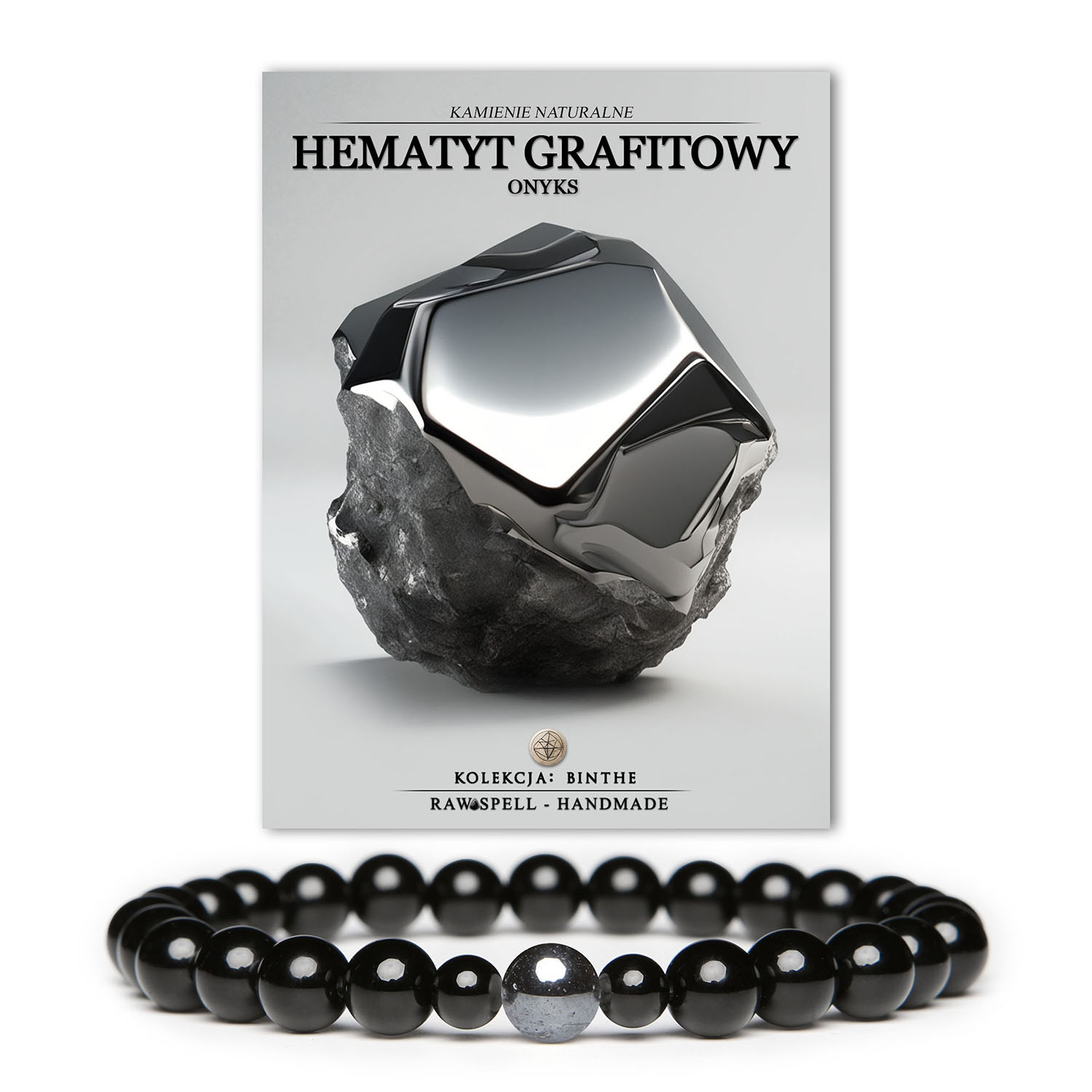 Bransoletka Binthe z hematytu grafitowego i onyksu, doskonały akcent dla dam i panów.