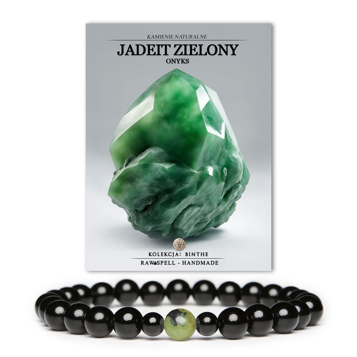 Damska i męska bransoletka Binthe z zielonym jadeitem oraz onyksami, łącząca nowoczesny design z klasyką.
