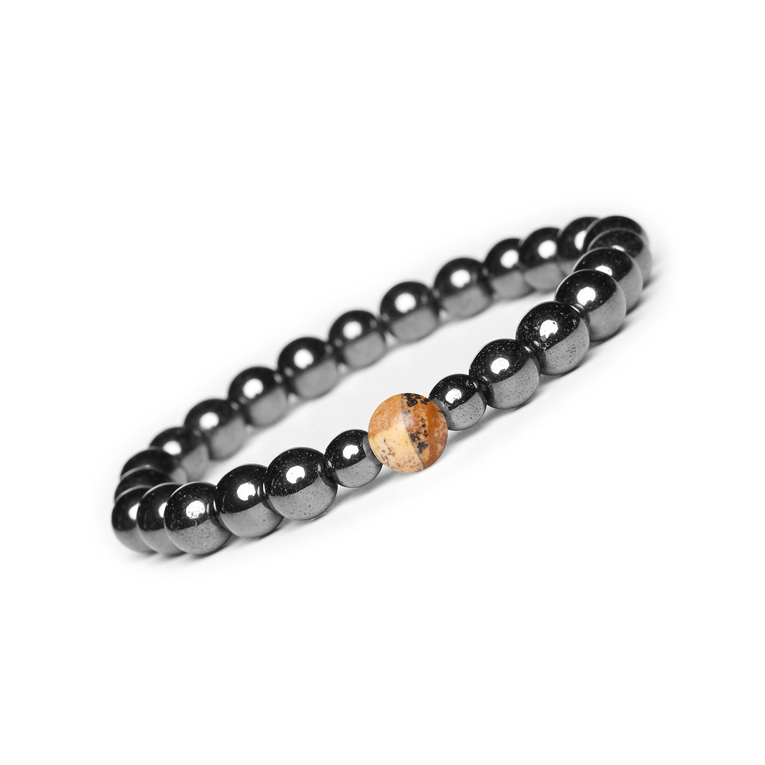 Bransoletka Binthe Jaspis Obrazkowy i Hematyt Grafitowy - Naturalne Kamienie dla Niej i Niego Stylowa bransoletka Binthe z naturalnymi kamieniami: jaspis obrazkowy i hematyt grafitowy, unisex.