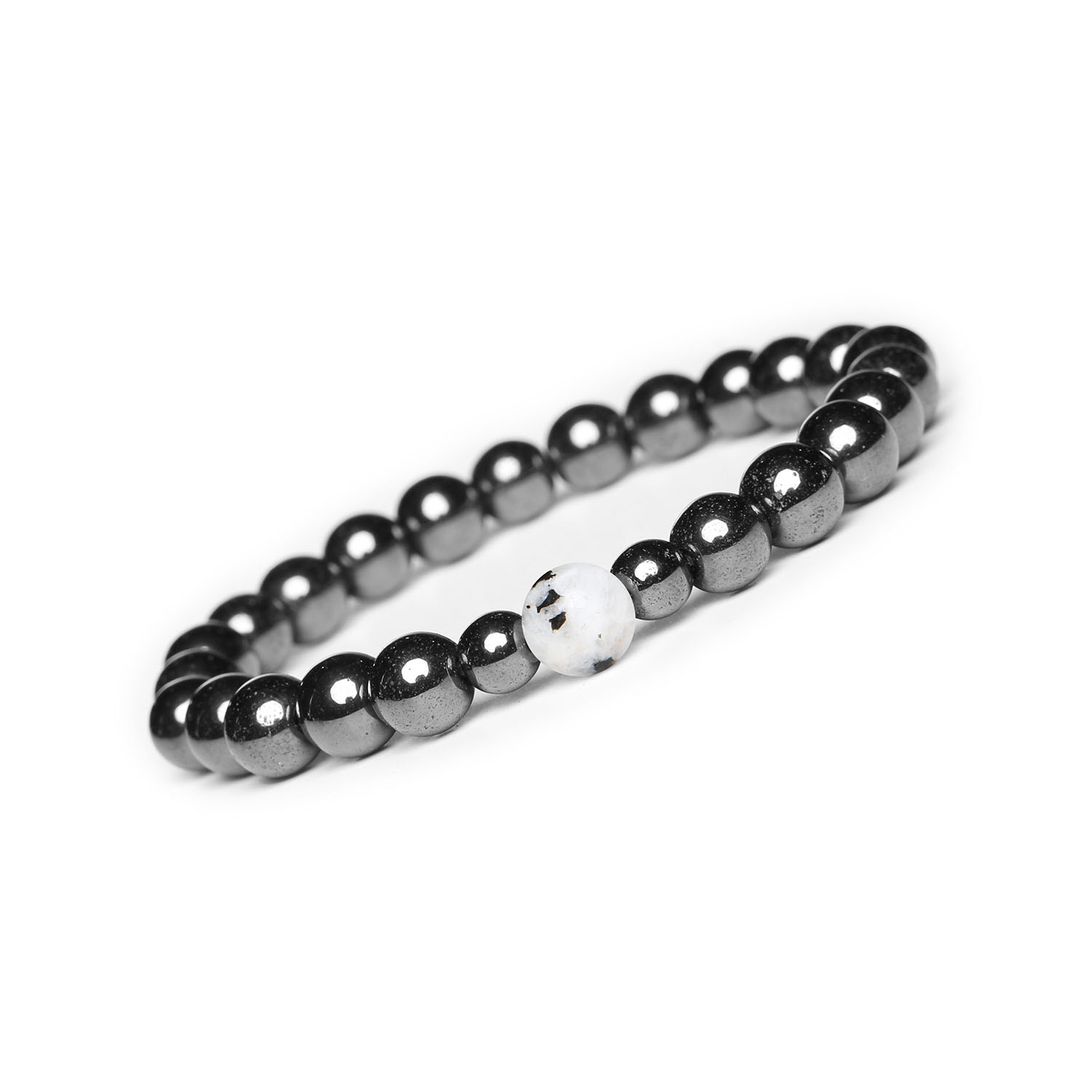 Bransoletka Binthe - Kamień Księżycowy i Hematyt Grafitowy Naturalne Kamienie Damska Męska Elegancka bransoletka Binthe z kamieniami naturalnymi: łaciatym hematytem i kamieniem księżycowym, idealna dla kobiet i mężczyzn.