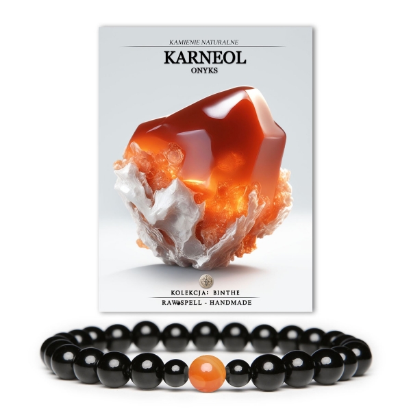 Bransoletka z kolekcji Binthe z karneolem i onyksami, dostępna w wersji damskiej i męskiej.