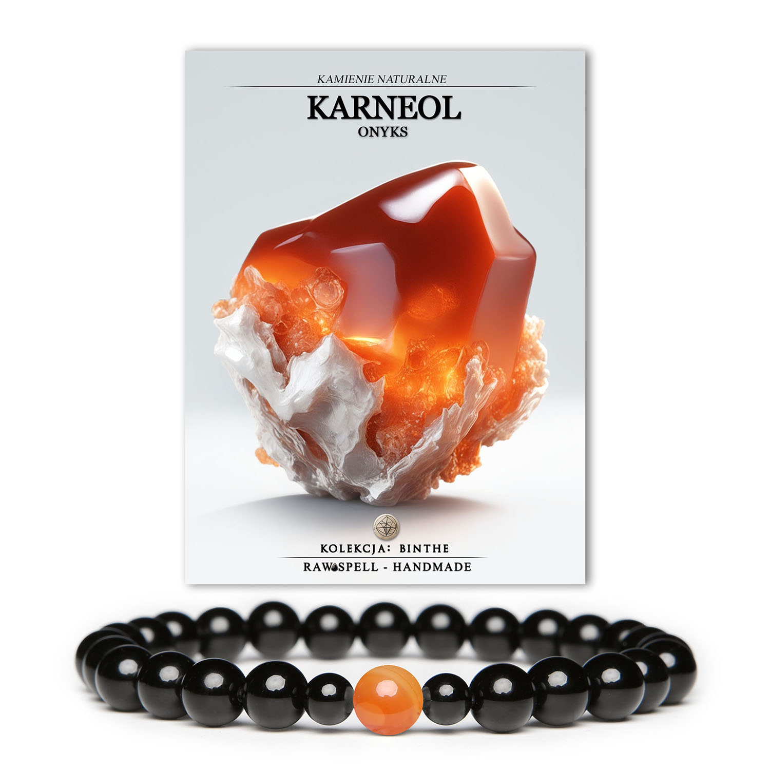 Bransoletka z kolekcji Binthe z karneolem i onyksami, dostępna w wersji damskiej i męskiej.