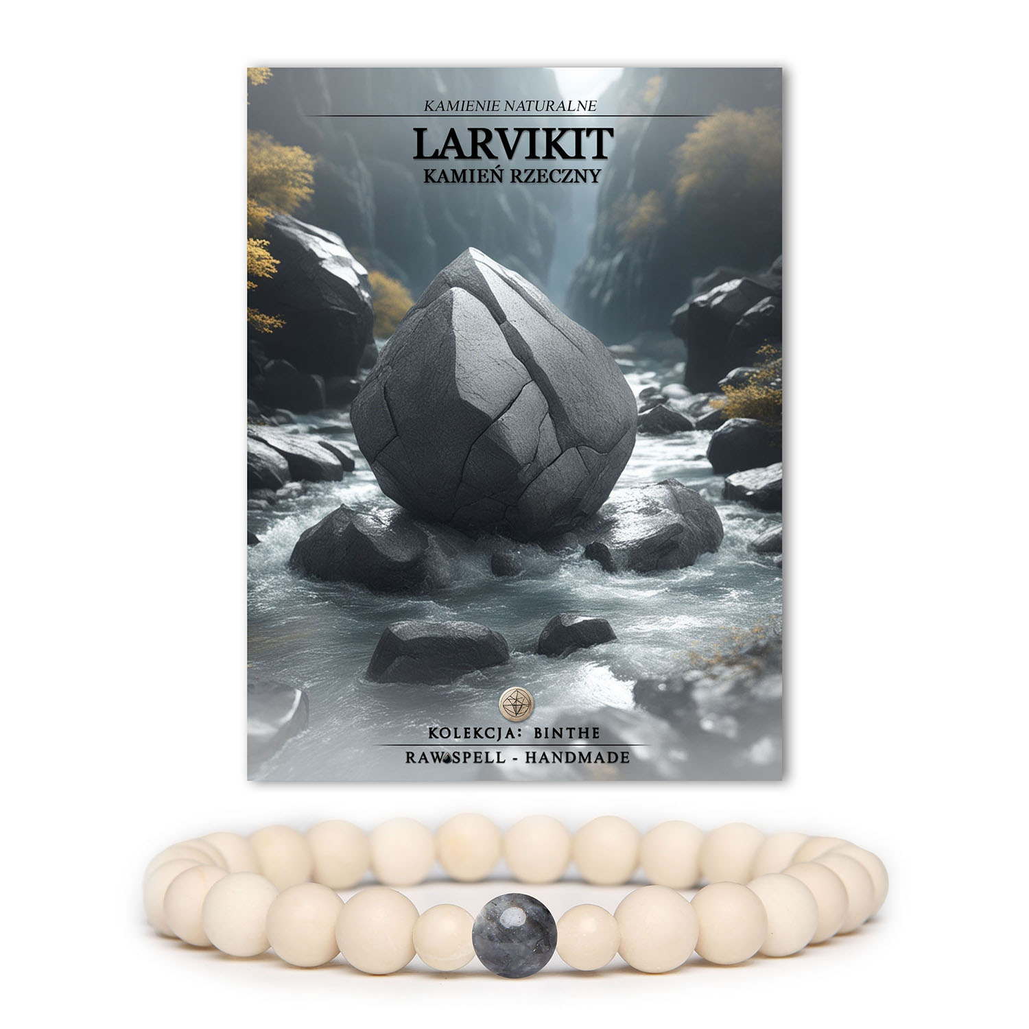 Bransoletka damska i męska z kolekcji Binthe, ozdobiona naturalnymi kamieniami larvikitu oraz kamieniem rzecznym.