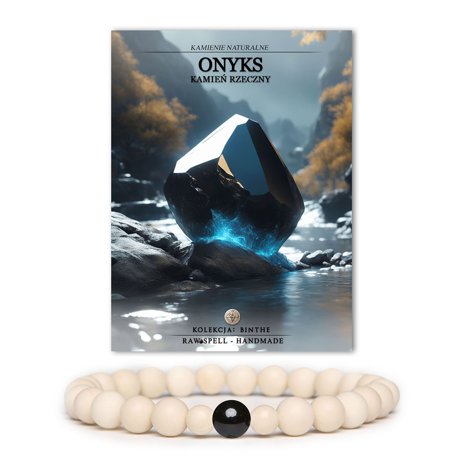 Elegancka bransoletka Binthe z naturalnych kamieni: onyks oraz kamień rzeczny, idealna dla obu płci.