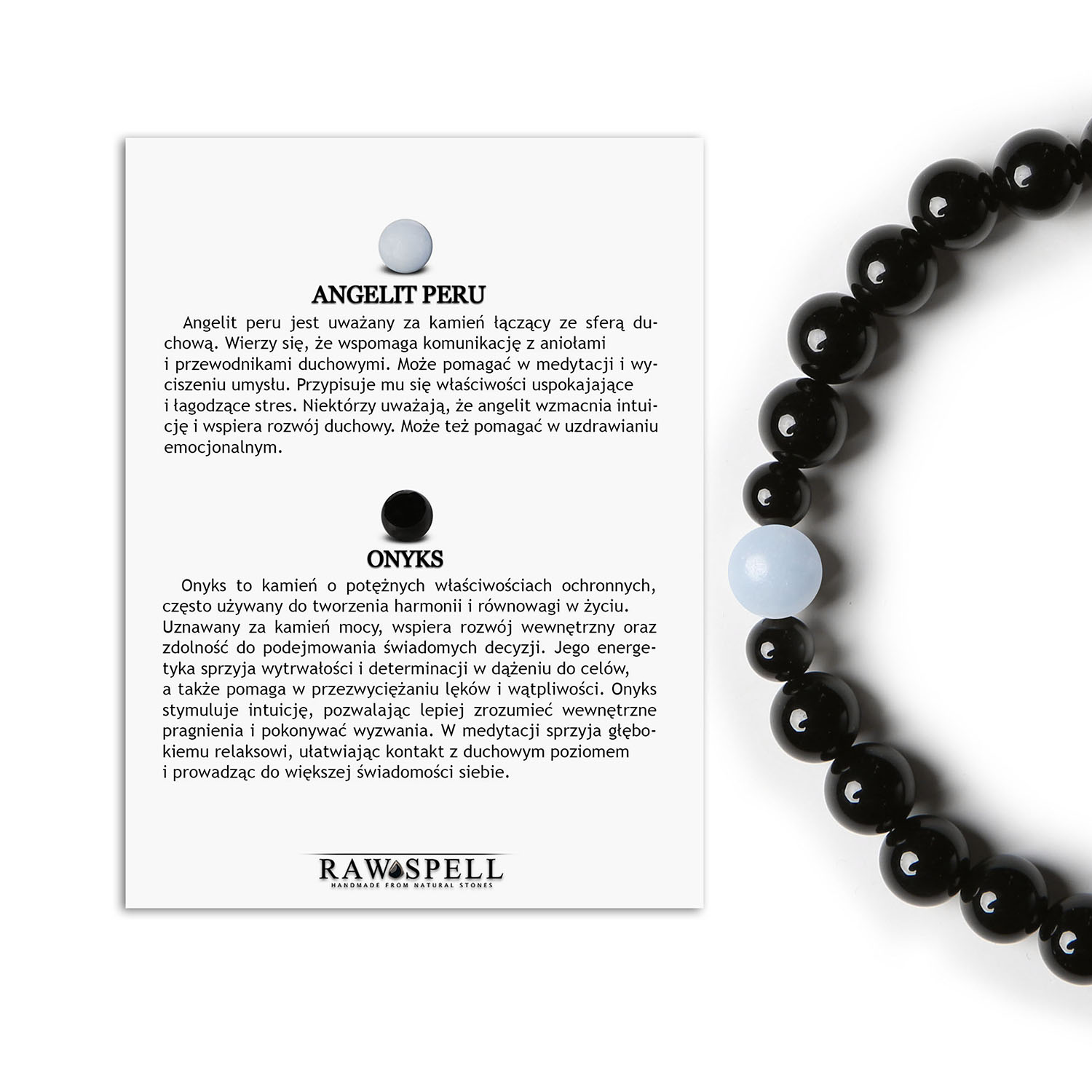 Bransoletka Binthe Połączenie Angelitu z Peru i Onyksu - Idealna dla Kobiet i Mężczyzn Elegancka bransoletka Binthe z naturalnego angelitu z Peru i onyksu, dostępna w wersji damskiej i męskiej.