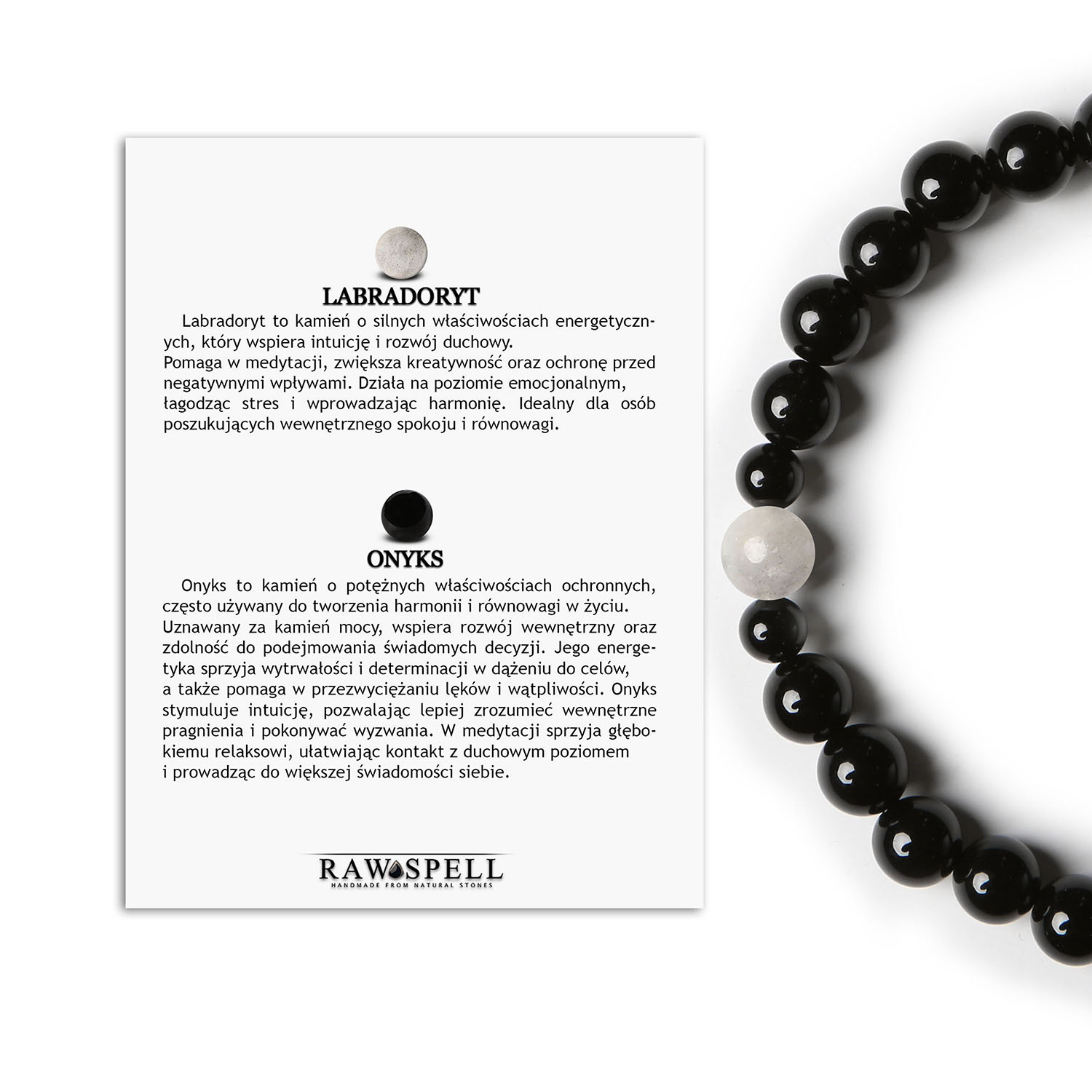 Bransoletka Binthe Połączenie labradorytu i onyksu, dostępna w wariantach damskich i męskich. Wyraź swój styl Bransoletka Binthe ze szlachetnymi kamieniami: labradorytem i onyksem, unisex - idealna dla kobiet i mężczyzn.