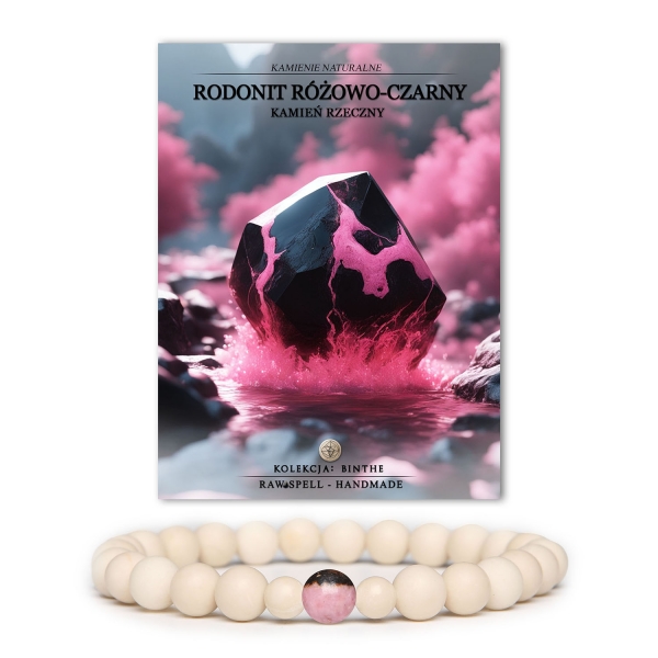 Bransoletka z kolekcji Binthe wykonana z naturalnych kamieni: różowo-czarny rodonit i kamień rzeczny, idealna zarówno dla kobiet, jak i mężczyzn.
