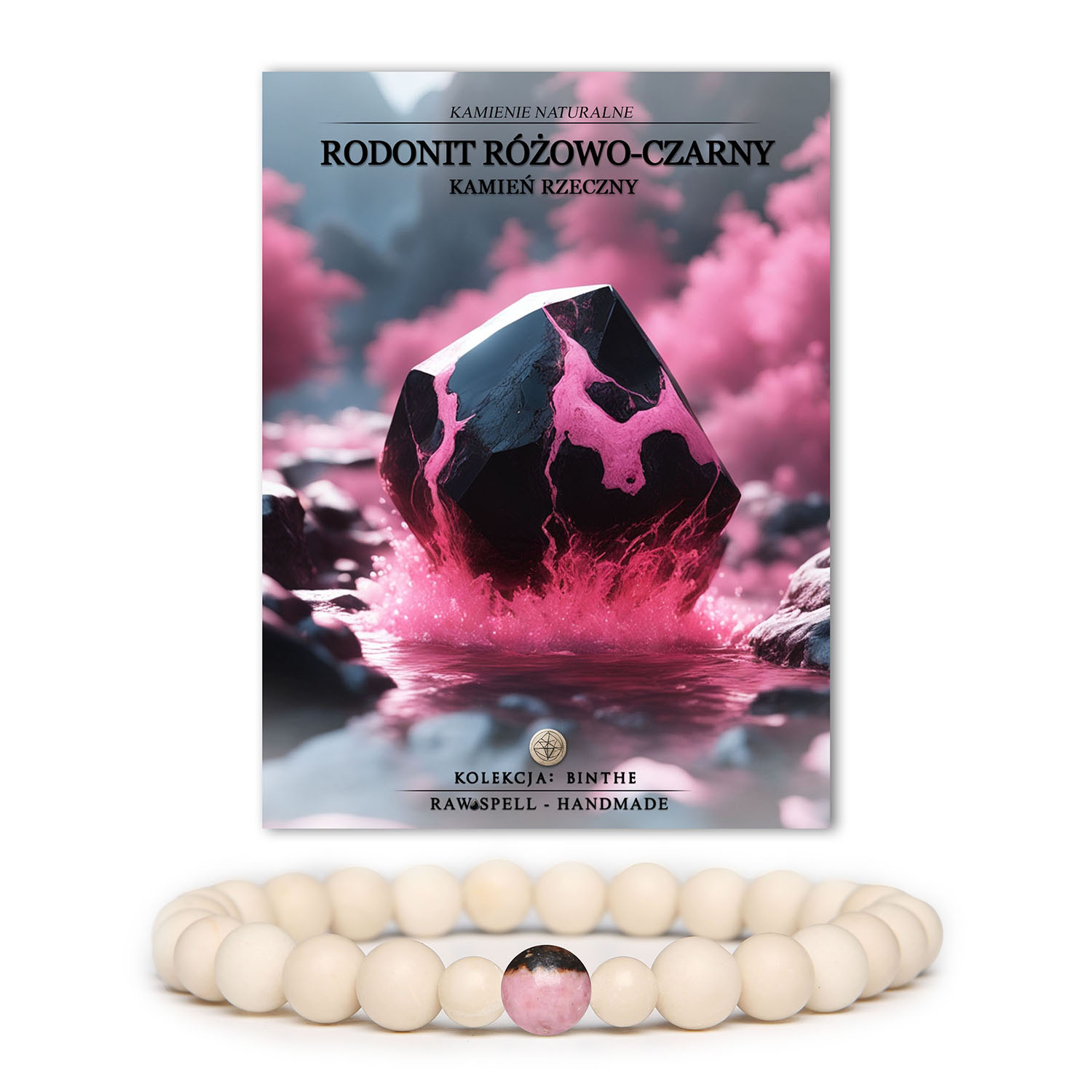 Bransoletka z kolekcji Binthe wykonana z naturalnych kamieni: różowo-czarny rodonit i kamień rzeczny, idealna zarówno dla kobiet, jak i mężczyzn.