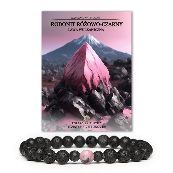 Kolekcja Binthe - bransoletka unisex z rodonitu w odcieniach różu i czerni, ozdobiona elementami lawy wulkanicznej.