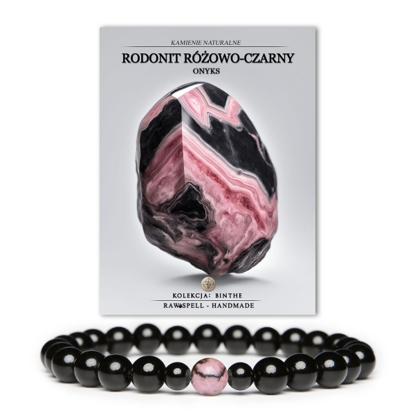 Bransoletka z kolekcji Binthe Połączenie rodonitu różowo-czarnego i onyksu - modny wybór dla niego i dla niej.