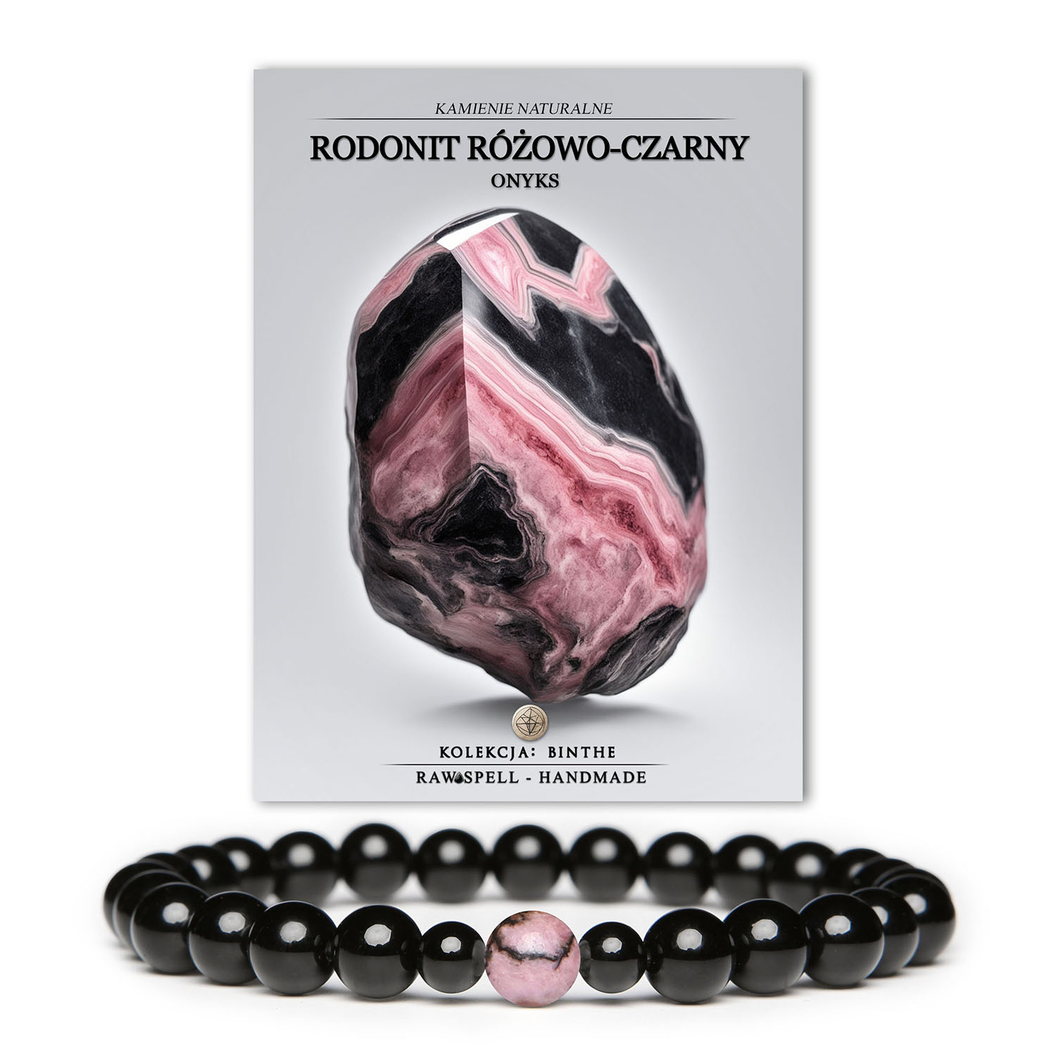 Bransoletka z kolekcji Binthe Połączenie rodonitu różowo-czarnego i onyksu - modny wybór dla niego i dla niej.