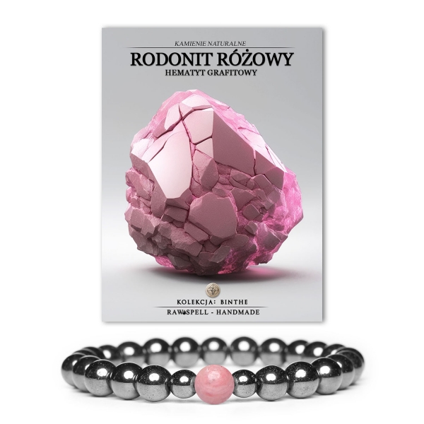 Bransoletka z kolekcji Binthe, wykorzystująca różowy rodonit i grafitowy hematyt, idealna dla kobiet i mężczyzn ceniących naturalne materiały.