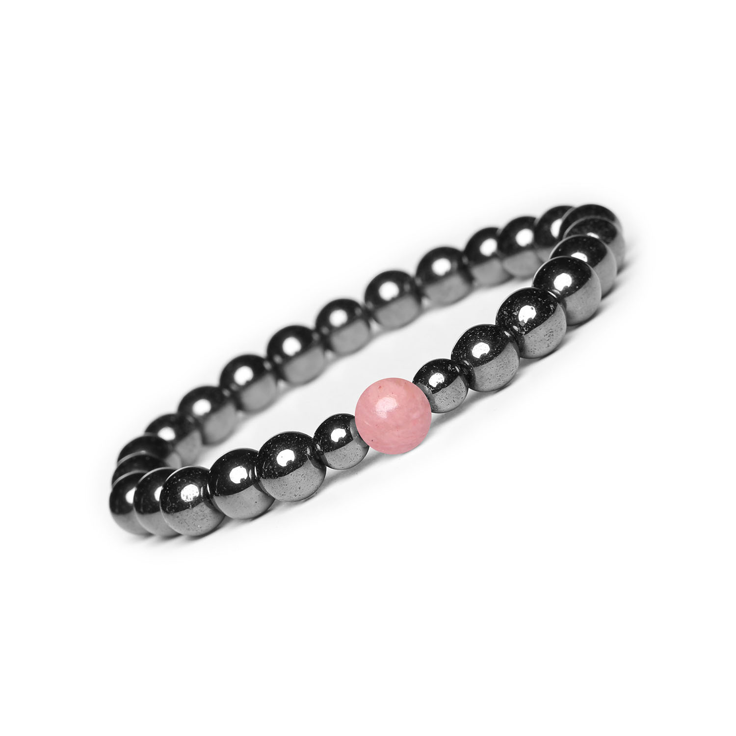 Bransoletka Binthe Rodonit Różowy i Hematyt Grafitowy. Naturalne kamienie dla Niej i Niego Elegancka bransoletka Binthe z naturalnych kamieni: rodonit różowy i hematyt grafitowy, doskonała dla każdego.