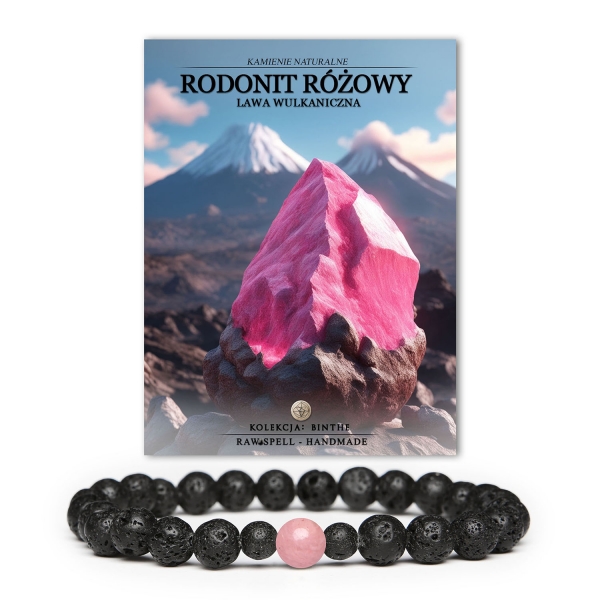 Bransoletka unisex Binthe z prawdziwym rodonitem różowym i lawą wulkaniczną, idealna na każdą okazję.