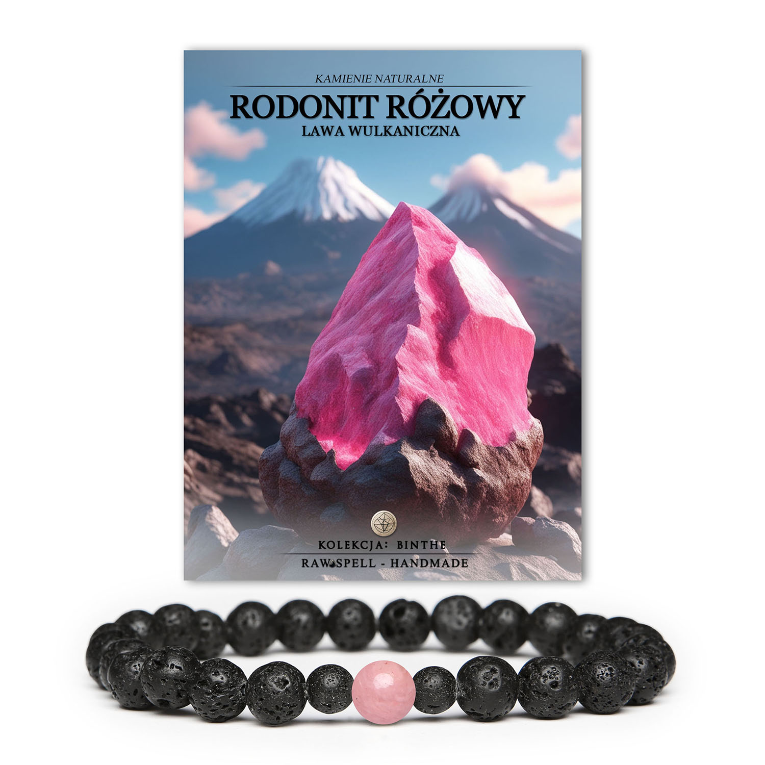 Bransoletka unisex Binthe z prawdziwym rodonitem różowym i lawą wulkaniczną, idealna na każdą okazję.