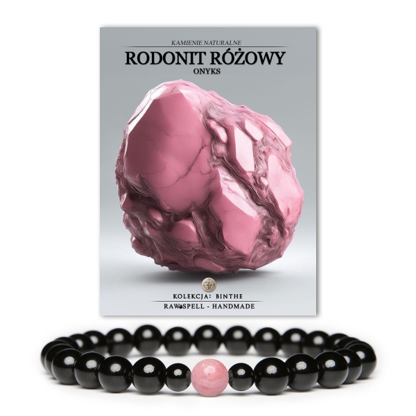 Bransoletka z kolekcji Binthe, łącząca różowy rodonit i onyks, dostępna zarówno dla kobiet, jak i mężczyzn.