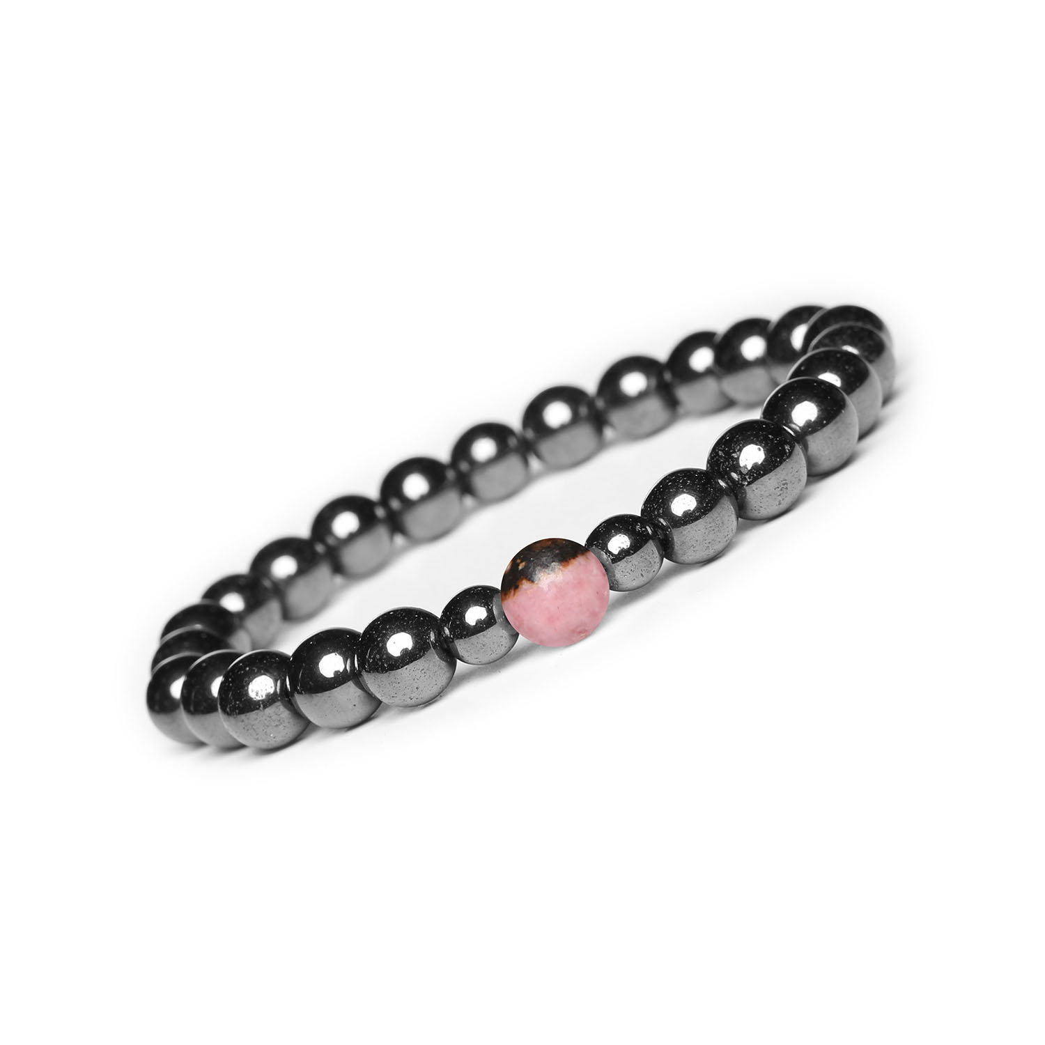 Bransoletka Binthe - Różowo-Czarny Hematyt oraz Rodonit - Naturalne Kamienie Damska i Męska Bransoletka Binthe z różowo-czarnym rodonitem i grafitowym hematytem, wykonana z naturalnych kamieni, dla kobiet i mężczyzn.
