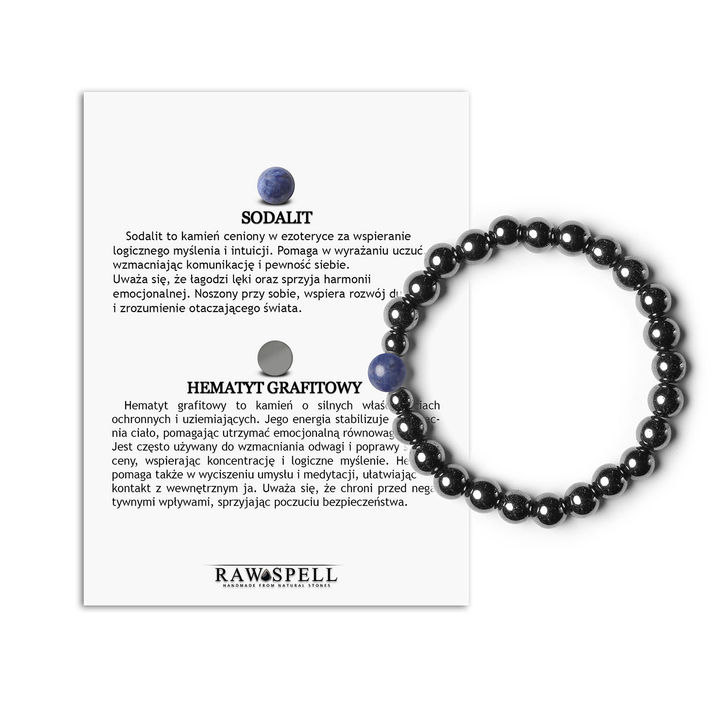 Bransoletka Binthe - Sodalit, Hematyt Grafitowy, naturalne kamienie, idealna dla mężczyzn i kobiet Elegancka bransoletka unisex Binthe, z sodalitem i hematytem grafitowym, wykonana z naturalnych kamieni.