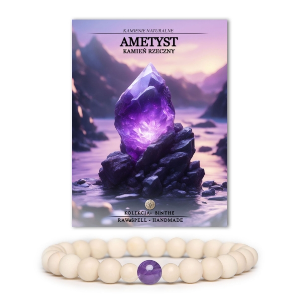 Stylowa bransoletka Binthe z naturalnymi kamieniami - ametyst i kamień rzeczny, unisex, idealna dla kobiet i mężczyzn.