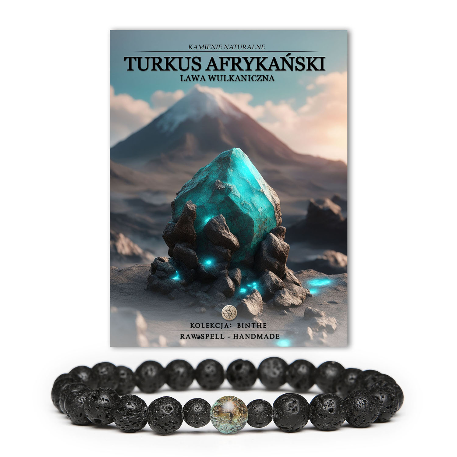 Nowoczesna bransoletka Binthe z turkusu afrykańskiego oraz lawy wulkanicznej, przeznaczona dla kobiet i mężczyzn.