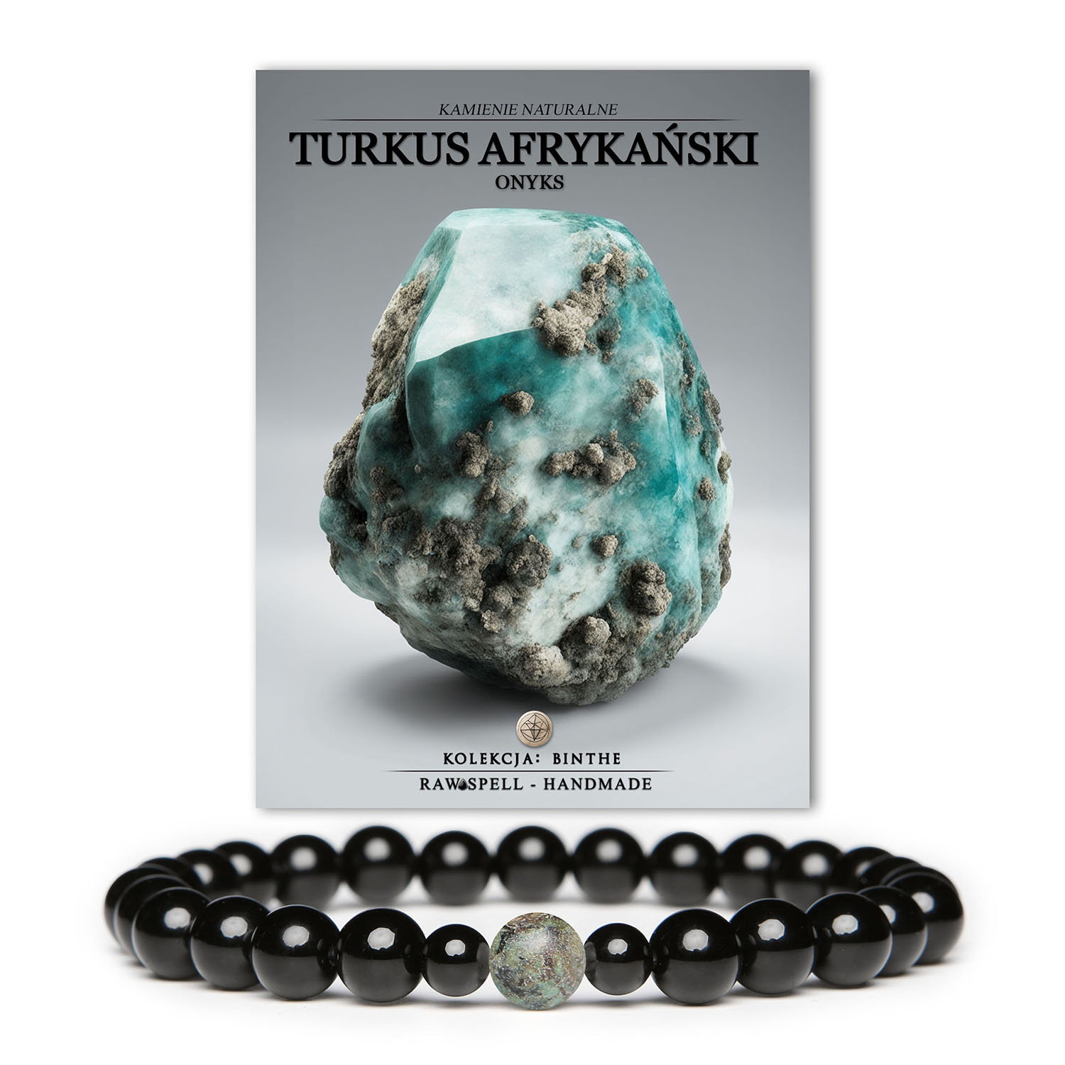 Bransoletka z kolekcji Binthe, wykonana z turkusu afrykańskiego i onyksu, pasująca zarówno dla pań, jak i panów.