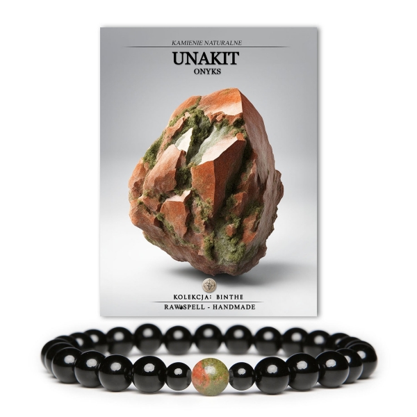 Elegancka bransoletka z kolekcji Binthe, wykonana z unakitu i onyksu, przeznaczona dla obu płci.