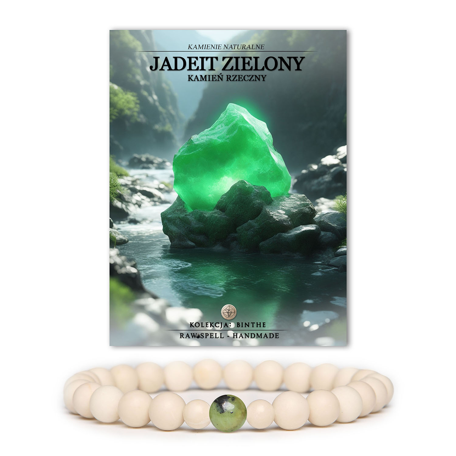 Stylowa bransoletka Binthe z naturalnego jadeitu w zielonym odcieniu oraz kamieni rzecznych, idealna dla kobiet i mężczyzn.