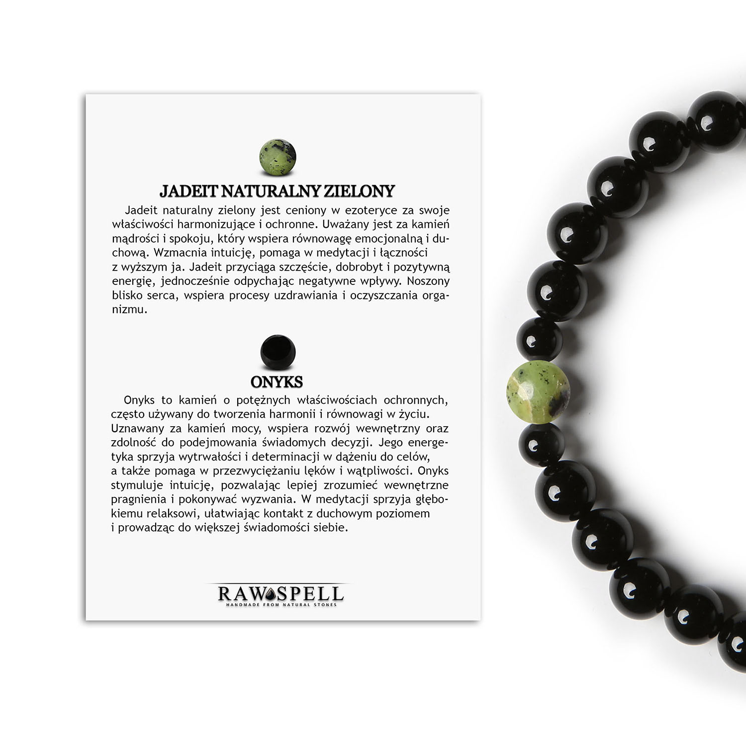 Bransoletka Binthe jadeit zielony i onyks. Idealna dla kobiet i mężczyzn szukających wyjątkowych akcesoriów Bransoletka unisex z kolekcji Binthe, wykonana z zielonego jadeitu i onyksu, elegancki dodatek dla każdego.