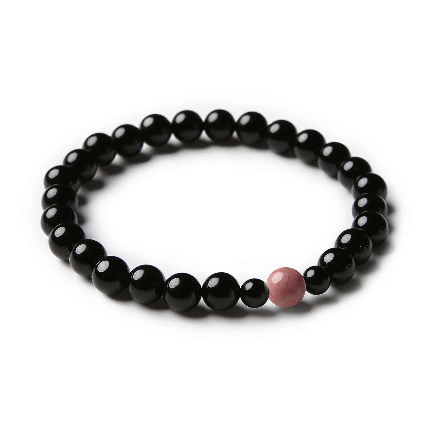 Elegancka bransoletka Binthe z różowego rodonitu i onyksu, uniwersalna dla obydwu płci.