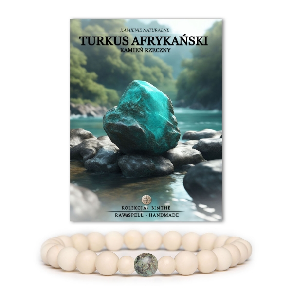 Bransoletka Binthe z kamieniami naturalnymi, w tym turkusem afrykańskim i kamieniem rzecznym, uniwersalna dla wszystkich płci.