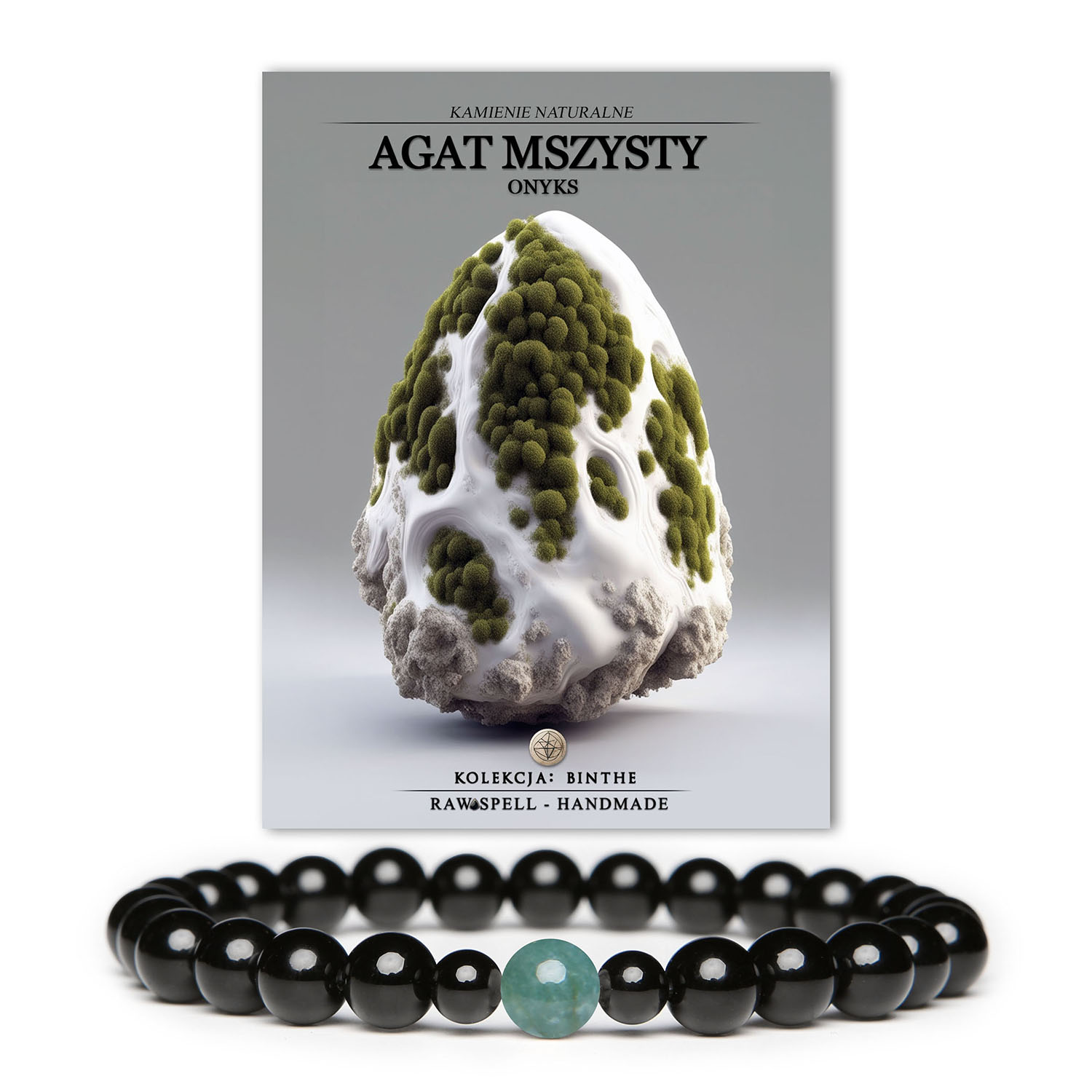 Bransoletka Binthe z czarnego onyksu i mszystego agatu, unisex - idealna dla kobiet i mężczyzn.