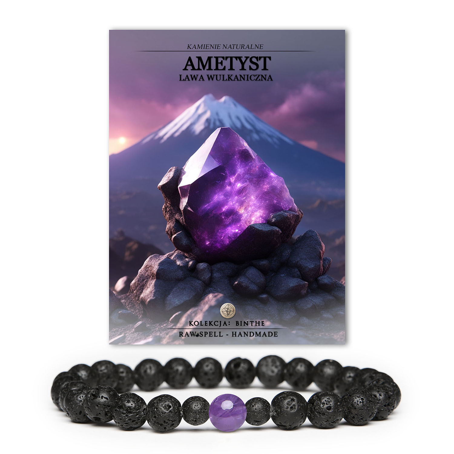 Elegancka bransoletka Binthe z ametystu oraz lawy wulkanicznej, stworzona z myślą o kobietach i mężczyznach.