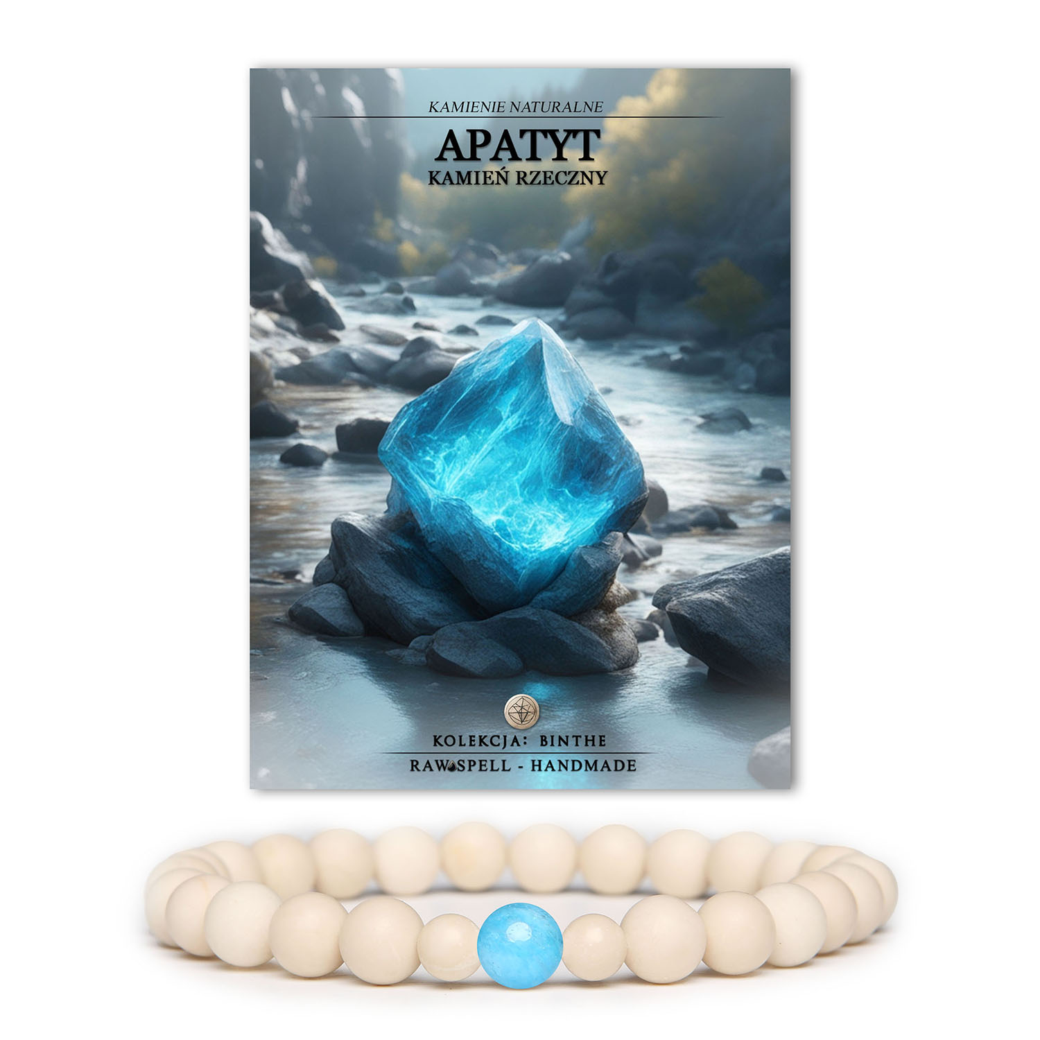 Bransoletka z kolekcji Binthe, z naturalnymi kamieniami apatytu i kamienia rzecznego, dostępna w wersji damskiej i męskiej.
