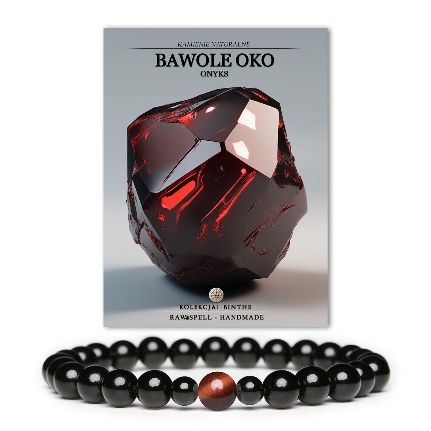 Elegancka bransoletka Binthe z bawolego oka i onyksu, uniwersalna dla kobiet i mężczyzn.