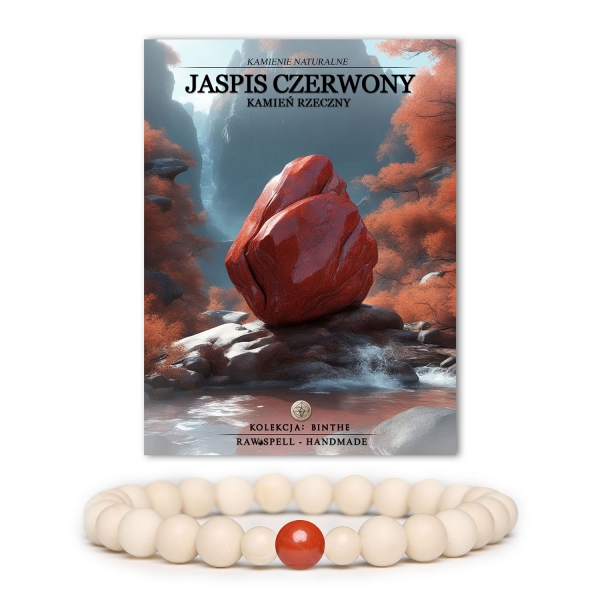 Bransoletka Binthe z naturalnych kamieni, w tym jaspisu czerwonego i kamienia rzecznego, przeznaczona zarówno dla kobiet, jak i mężczyzn.