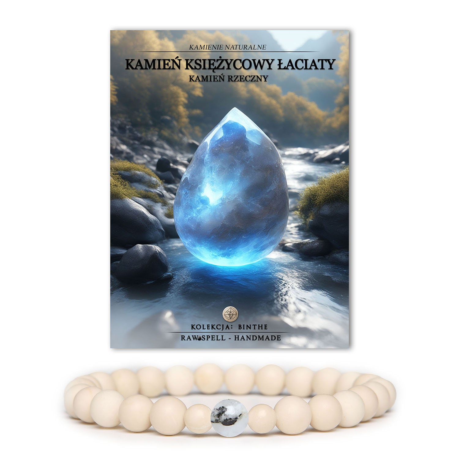 Stylowa bransoletka damska i męska z kolekcji Binthe, zdobiona Kamieniem Księżycowym Łaciatym i Kamieniem Rzecznym.