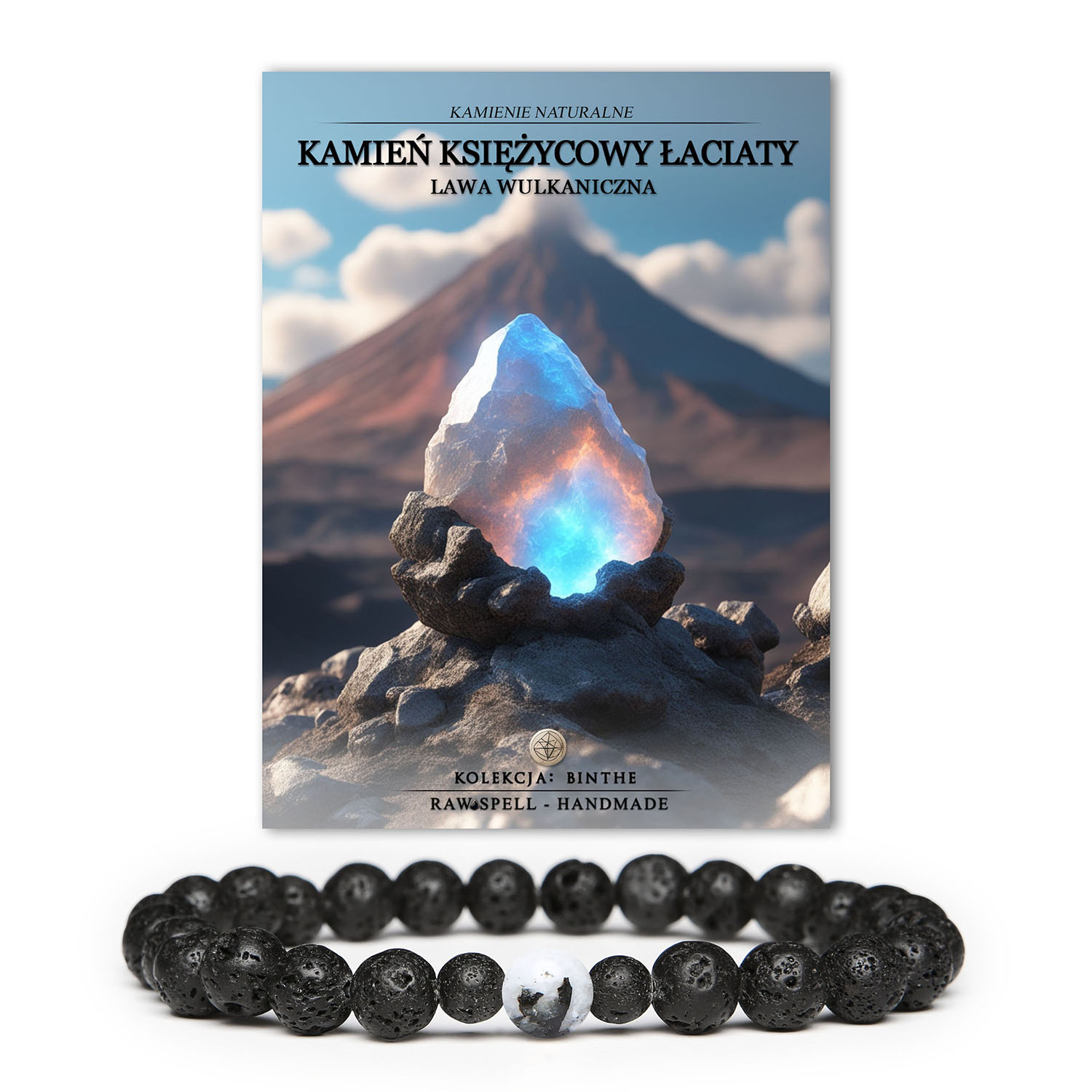 Damska i męska bransoletka z kolekcji Binthe, wykonana z lawy wulkanicznej i kamienia księżycowego łaciatego.