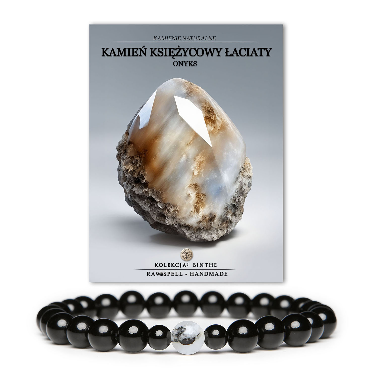 Damska i męska bransoletka z kolekcji Binthe z kamieniem księżycowym łaciatym i onyksami.